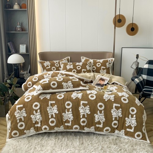 2022 New Jacquard Shu Cotton Velvet Four-piece Set Series 1.5m Sheet Style Four-piece Set Love Bear Brown