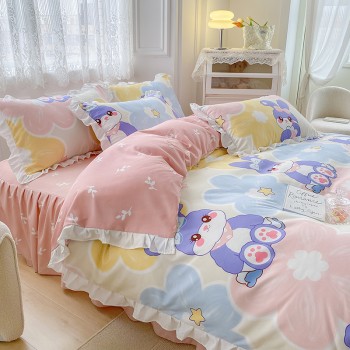 2022 new Korean version of active printing lace bed sheets bed skirt nylon cotton thickened brushed four-piece set Defei rabbit